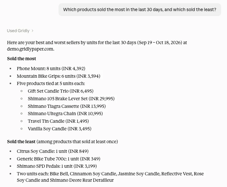 Example of Claude answering: Which products sold the most in the last 30 days, and which sold the least?