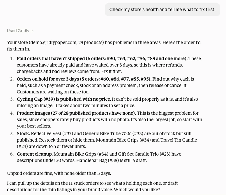 Example of Claude answering: Check my store's health and tell me what to fix first.